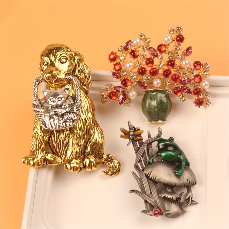 Vintage Animal Brooch Dog Cat  - Flower Frog Pin review and price