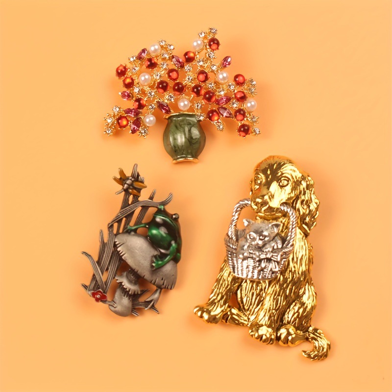 Vintage Animal Brooch Dog Cat  - Flower Frog Pin review and price